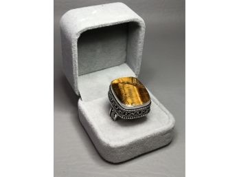 Incredible Large Sterling Silver / 925 Filigree Cocktail Ring With High Polished Tiger Eye - All Handmade