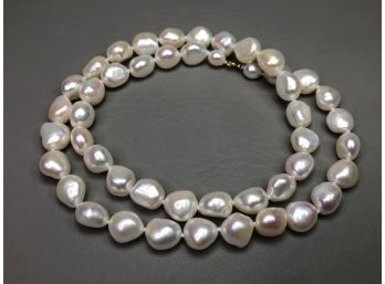 Incredible Large Cultured Baroque Pearl Necklace With 14K Gold Clasp - Hand Strung & Knotted GREAT SET !
