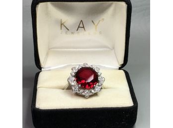 Fabulous Sterling Silver / 925 Ring With Mozambique Garnet With White Sapphires - Very Pretty - Adjustable