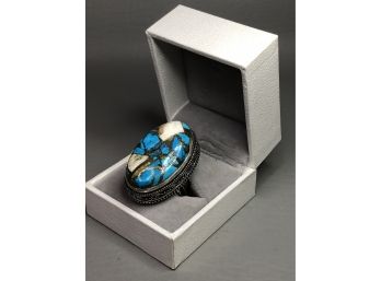 Fabulous Large 925 / Sterling Silver Filigree Cocktail Ring With New Mexico Turquoise - Great Looking Ring
