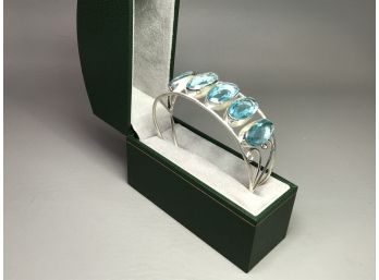Beautiful Sterling Silver / 925 Narrow Cuff Style Bracelet With Lovely Aquamarines - VERY Pretty Piece