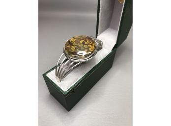 Very Pretty Sterling Silver / 925 Bangle Bracelet With Birdseye Jasper - Natural Stone - Very Pretty Piece