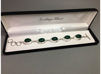 Wonderful 925 / Sterling Silver Bracelet With Jade Cabochons - Very Nice Piece - 8' Long - New Never Worn
