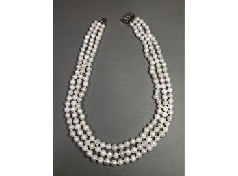 Wonderful 16' Triple Strand Cultured Baroque Pearls With Sterling Silver Clasp - Graduated Lengths - So Nice !