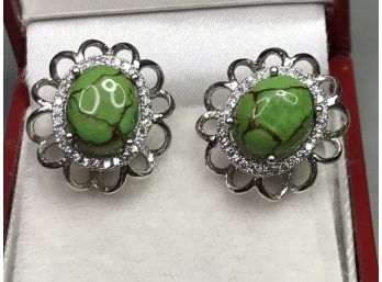 Wonderful Sterling Silver / 925 Vintage Style New Mexican Green Turquoise Earrings Encircled With White Topaz