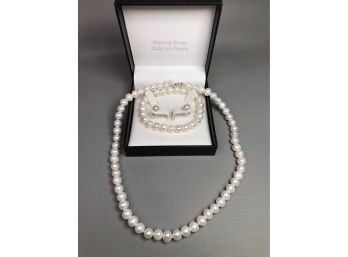 Lovely Brand New Four Piece Cultured Baroque Pearl Set - 17' Necklace - Bracelet & Pair Of Earrings - In Box