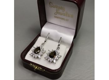 Very Pretty Pair 925 / Sterling Silver Earrings With Smoky Topaz - Encircled With White Sapphires - Nice !