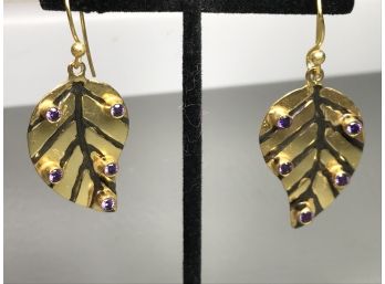 Fabulous 925 / Sterling Silver With 14K Gold Overlay Leaf Earrings With Beautiful Amethysts - Very Pretty