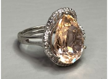 Very Pretty Sterling Silver / 925 Ring With Champagne Morganite Encircled With White Zirconia - Adjustable
