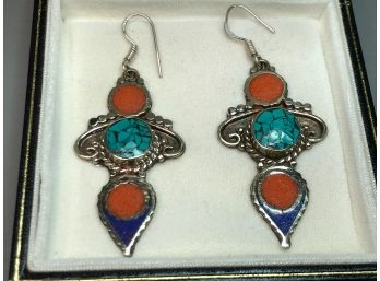 Fabulous Vintage Style 925 / Sterling Silver Earrings - Hand Made In Bali - Coral - Lapiz Lazuli & Turquoise