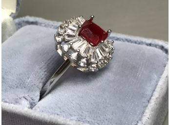 Lovely 925 / Sterling Silver Sunburst Ring With Ruby & White Sapphires - Very Pretty Ring - New Unworn