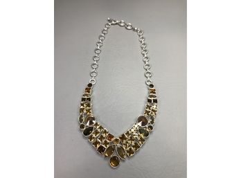 Incredible Piece ! - Sterling Silver / 925 Bib Necklace With All Hand Set Golden Topaz Necklace - STUNNER !