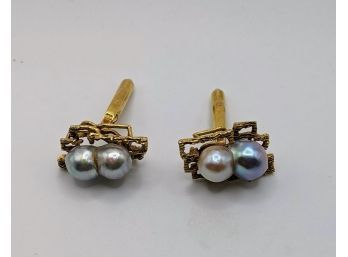 14K Gold And Fine Silver And Ivory Pearl Cufflinks