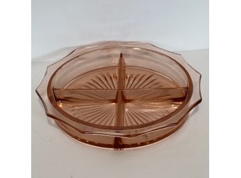 Vintage Pink Depression Era Divided Candy/nut Dish (8 1/4 Inches In Diameter) - Small Cup On Rim
