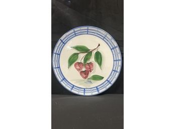 Blue & White Round Ceramic  Platter With Strawberries Signed 11' Diameter