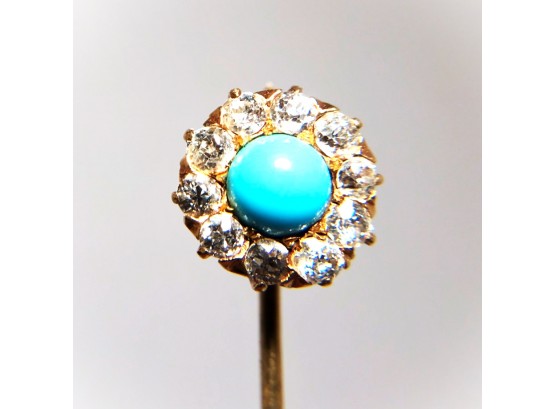 Antique Victorian 14kt Gold Turquoise Diamond Stickpin