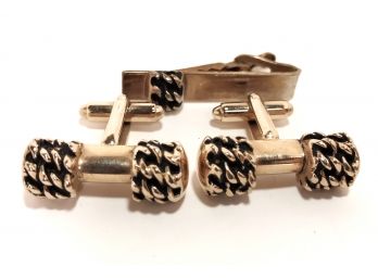 Vintage Silver Tone Barbell Style Twisted Rope Cufflink & Tie Clasp Set