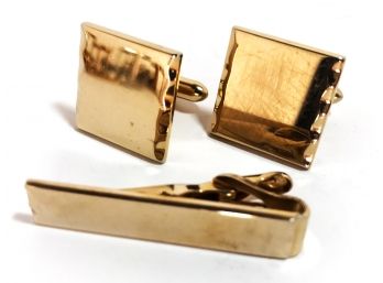 Vintage Swank Classic Square Gold Tone Cufflinks & Tie Clasp Set