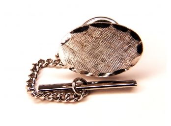 Vintage Sterling Silver Cross-Brushed Oval Tie Tack With Scalloped Edges  (Made In The U.S.A.)  (4 Grams)