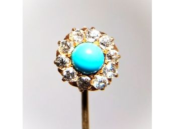 Antique Victorian 14kt Gold Turquoise Diamond Stickpin