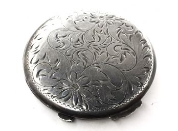 Antique Sterling Silver Etched Floral Motif Powder Compact With Mirror By Birks (Approximately 2 Ounces)
