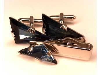 Vintage Swank Blue Triangular Cufflink & Tie Tack Set