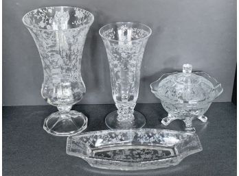 4 Pieces Of Elegant Etched Glass Footed Vases,  Lidded Bowl, Pickle Dish