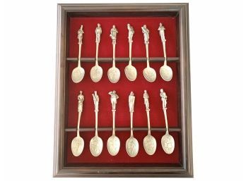 Franklin Mint 12 Pewter Spoons Charles Dickens Christmas Carol With Wood Rack, Circa 1976