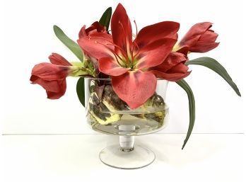 Realistic Faux Bright Red Amaryllis Flowers With Buds In A Faux Water Filled Footed Vase