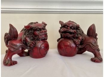 Pair Of  Red Resin Chinese Foo Dog Statue Figurines Heavy