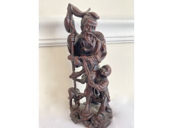 Red Resin Vintage Chinese Wise Man With Young Boy