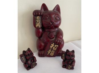 Set 1 Rare Trio Set Chinese Vintage Red Resin Good Luck Good Fortune Cat Maneki Neko