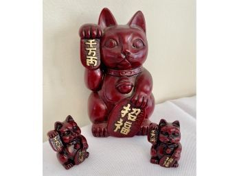 Set 2 Rare Trio Set OF Chinese Vintage Red Resin Good Luck Good Fortune Cat Maneki Neko