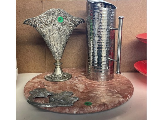 ITALIAN MARBLE CHEESE PLATTER, DESIGNER CHROME WATER PITCHER, AND SILVER PLATED VASE