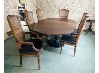 Midcentury Walter Of Wabash Pedestal Dining Table With Leaves And Six Caneback Dining Chairs