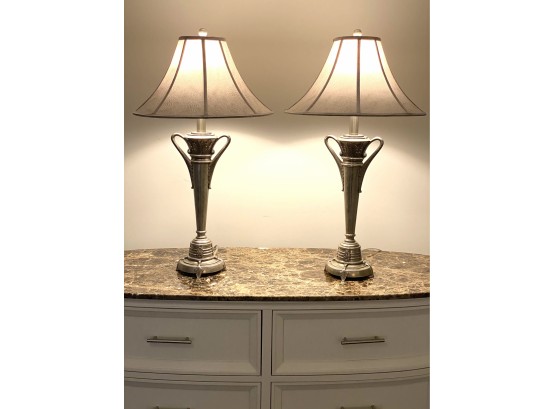 Pair Tall Table Lamps In Silver Gold Metallic Finish  (LOC: W1)