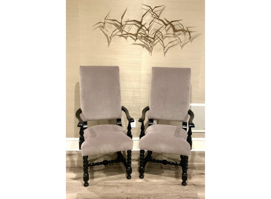Pair Lynne Scalo Carved English Style Fireside Chairs In Taupe Velvet (LOC: W2)