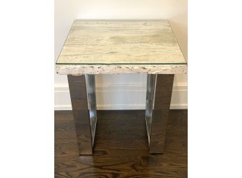 Coastal Contemporary Side Table In White Wash Finish & Chrome  (LOC: W1)