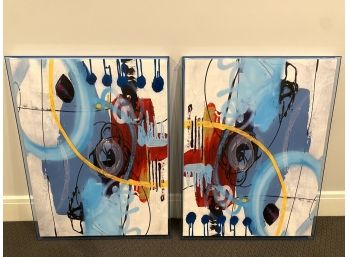 Pair Colorful Abstract Art Panels Encased In Blue Lucite Frames (LOC: W1)