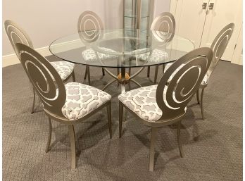 Modern Circular Glass Top Dining Table With Six Cafe Chairs  (LOC: W1)