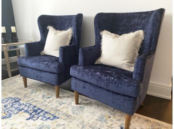 Pair Blue Crushed Velvet Style Wing Chairs (LOC: W1)