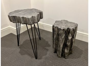 Pair Metallic Finish Faux Wood Side Table & Trunk Table (LOC: W1)