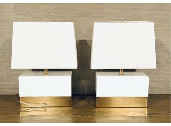 Pair Lynne Scalo White Laquered Table Lamps With Brass Detail  (LOC: W2)