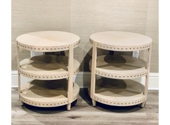 Lynne Scalo Pair Bleached Oak Coastal Style Circular Side Tables  (LOC: W2)