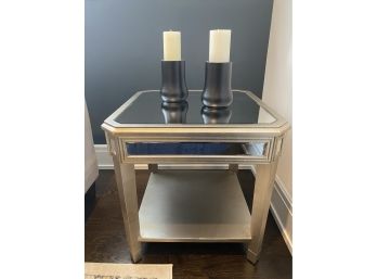 Mirrored Top Side Table In Silver Finish & Pair Candle Holders  (LOC: W1)