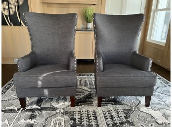 Pair Handsome Grey Wing Chairs With Grommet Detail  (LOC: W1)
