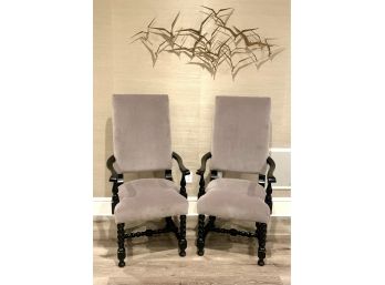 Pair Lynne Scalo Carved English Style Fireside Chairs In Taupe Velvet (LOC: W2)