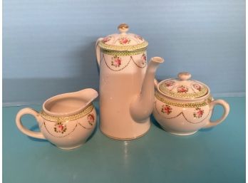 Vintage Noritake White Floral Mini Teapot, Creamer And Sugar (Chip On Spout Of Teapot)