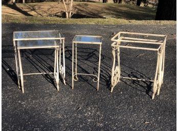 Group Lot Of All Vintage Wrought Iron Tables - 2 Sets Of 2 And 1 Tall Single Stand - 5 Tables Total - Nice !
