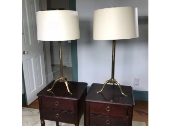 Two Fantastic HUDSON VALLEY LIGHTING Brass Tripod Table Lamps With Very Nice Off White Drum Lamp Shades